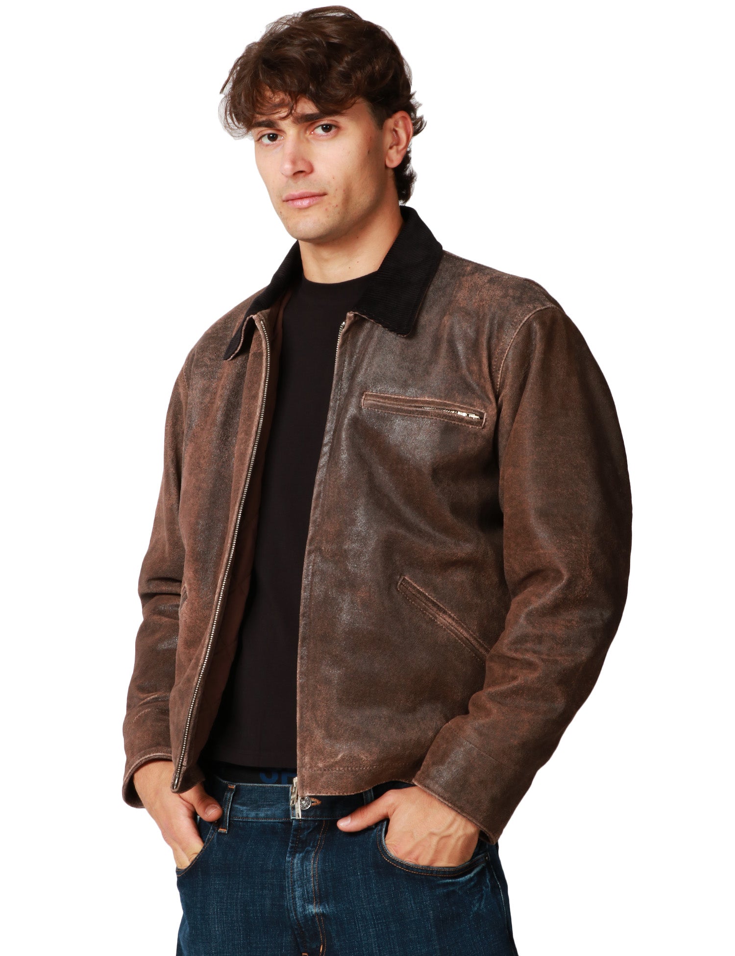 GIUBBOTTO UOMO D FOUR MARRONE IN VERA PELLE CON EFFETTO VINTAGE, COLLETTO E ZIP METALLICA BIDIREZIONALE