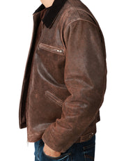 GIUBBOTTO UOMO D FOUR MARRONE IN VERA PELLE CON EFFETTO VINTAGE, COLLETTO E ZIP METALLICA BIDIREZIONALE