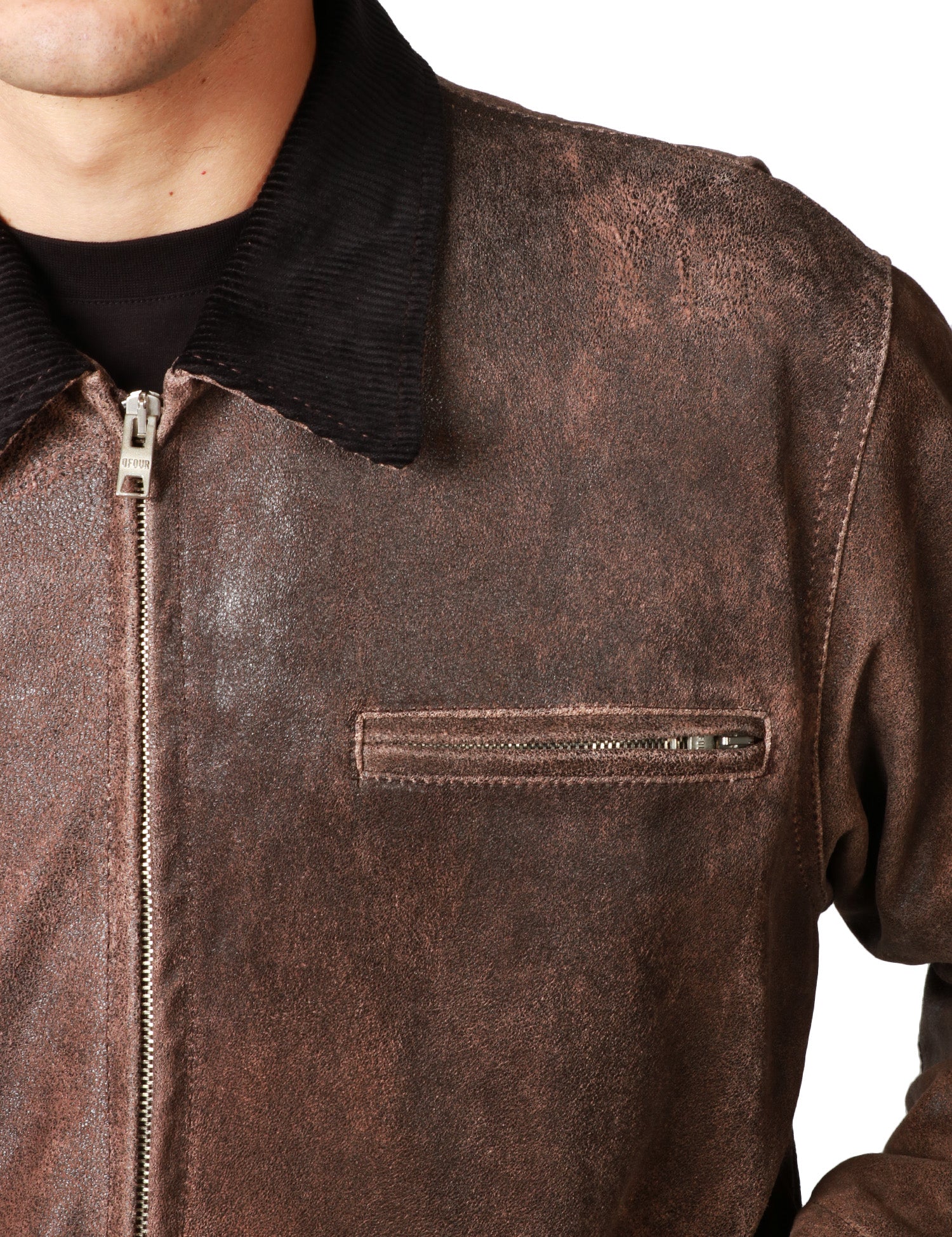 GIUBBOTTO UOMO D FOUR MARRONE IN VERA PELLE CON EFFETTO VINTAGE, COLLETTO E ZIP METALLICA BIDIREZIONALE