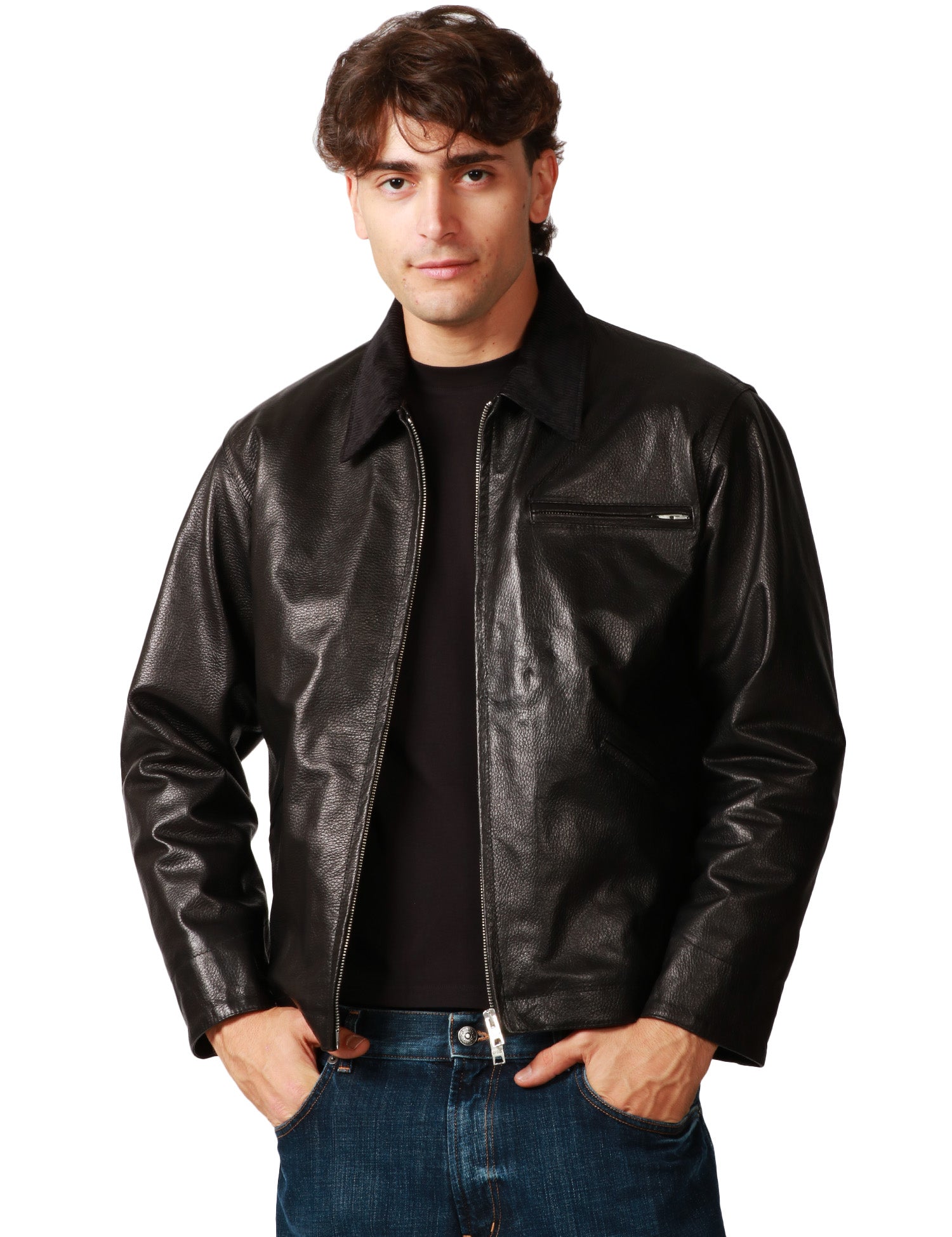 GIUBBOTTO UOMO D FOUR NERO IN PELLE MARTELLATA CON COLLETTO E ZIP METALLICA BIDIREZIONALE