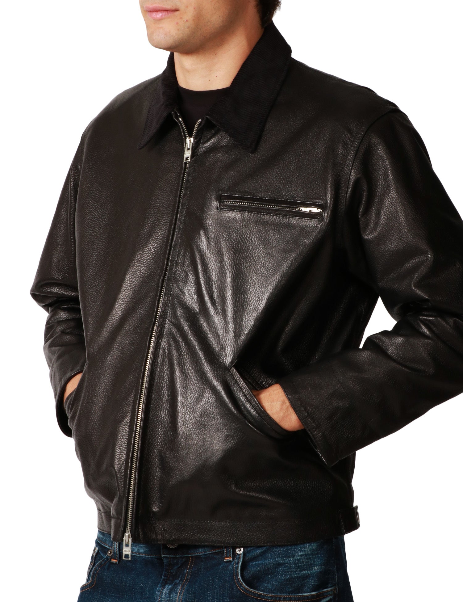 GIUBBOTTO UOMO D FOUR NERO IN PELLE MARTELLATA CON COLLETTO E ZIP METALLICA BIDIREZIONALE