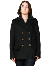 CAPPOTTO PEACOAT DONNA DONDUP NERO DOPPIOPETTO CON BOTTONI GIOIELLO IN VELOUR MISTO LANA
