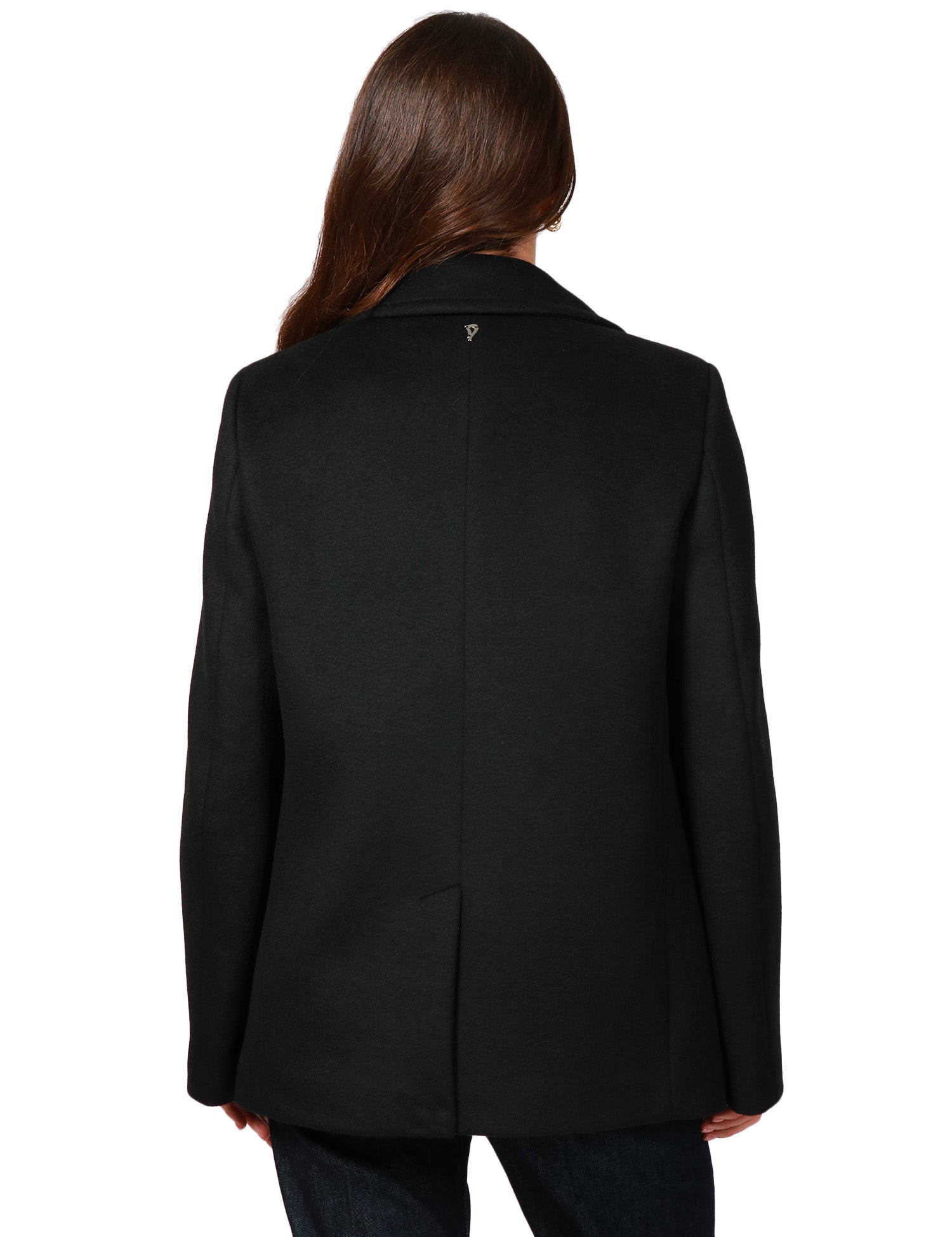 CAPPOTTO PEACOAT DONNA DONDUP NERO DOPPIOPETTO CON BOTTONI GIOIELLO IN VELOUR MISTO LANA
