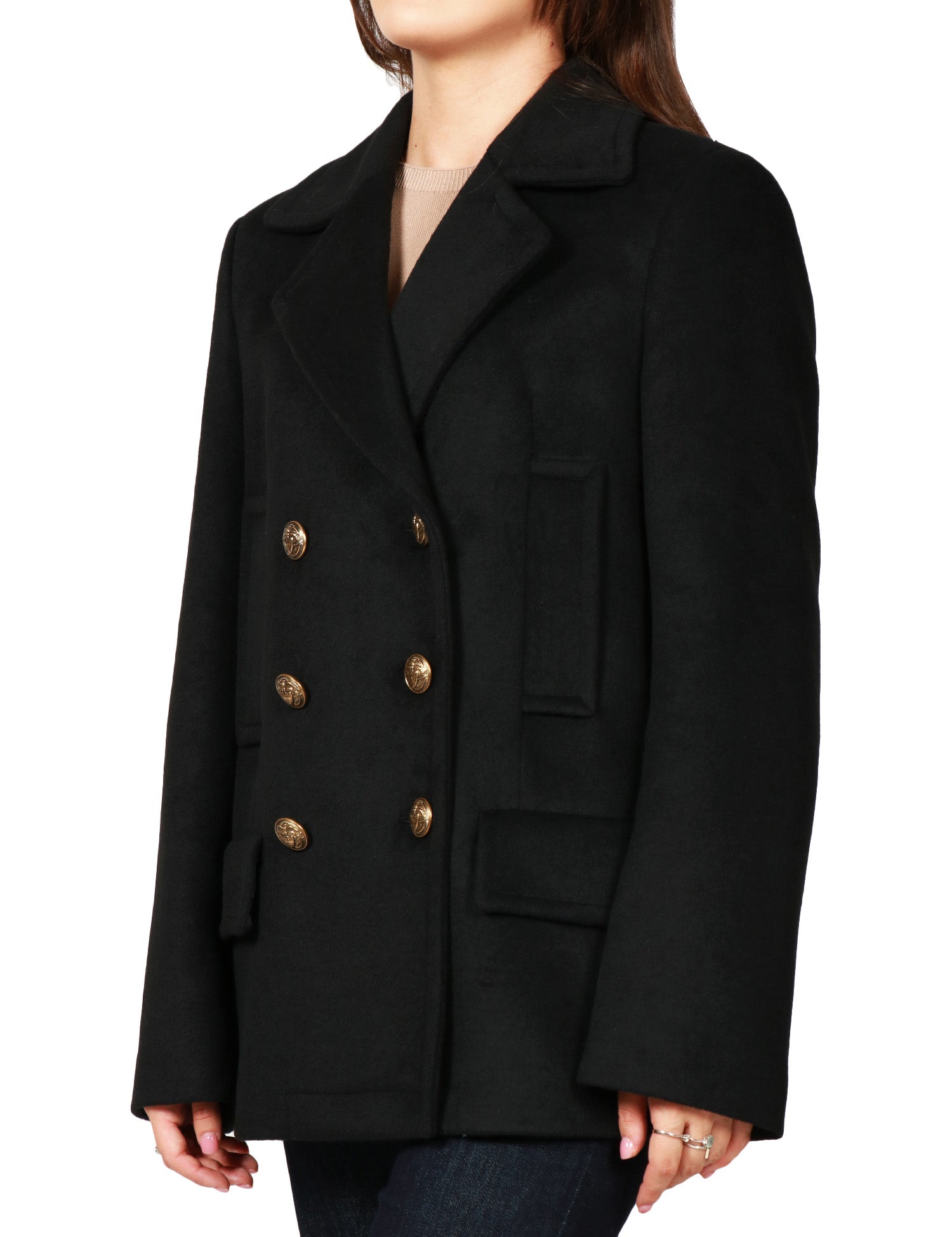 CAPPOTTO PEACOAT DONNA DONDUP NERO DOPPIOPETTO CON BOTTONI GIOIELLO IN VELOUR MISTO LANA