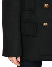 CAPPOTTO PEACOAT DONNA DONDUP NERO DOPPIOPETTO CON BOTTONI GIOIELLO IN VELOUR MISTO LANA