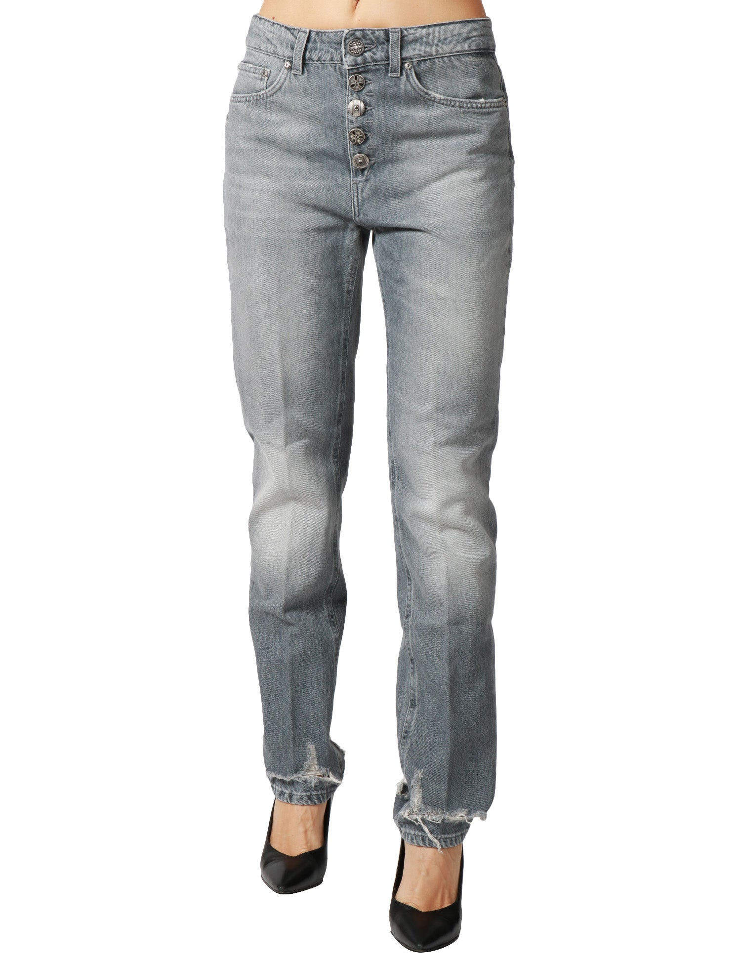 JEANS DONNA DONDUP KOONS INCHES GREY DENIM CON BOTTONIERA GIOIELLO E ROTTURE SULL'ORLO