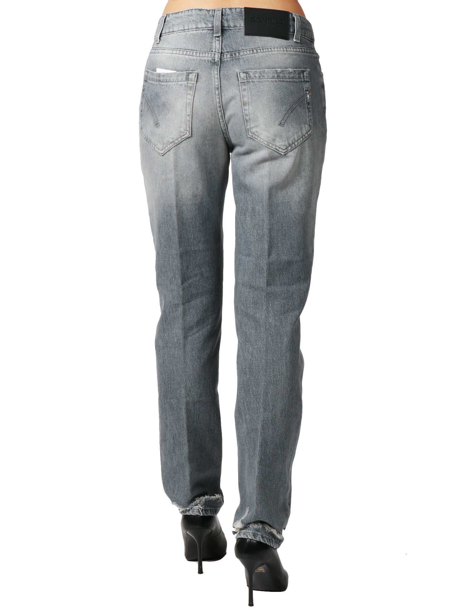 JEANS DONNA DONDUP KOONS INCHES GREY DENIM CON BOTTONIERA GIOIELLO E ROTTURE SULL'ORLO