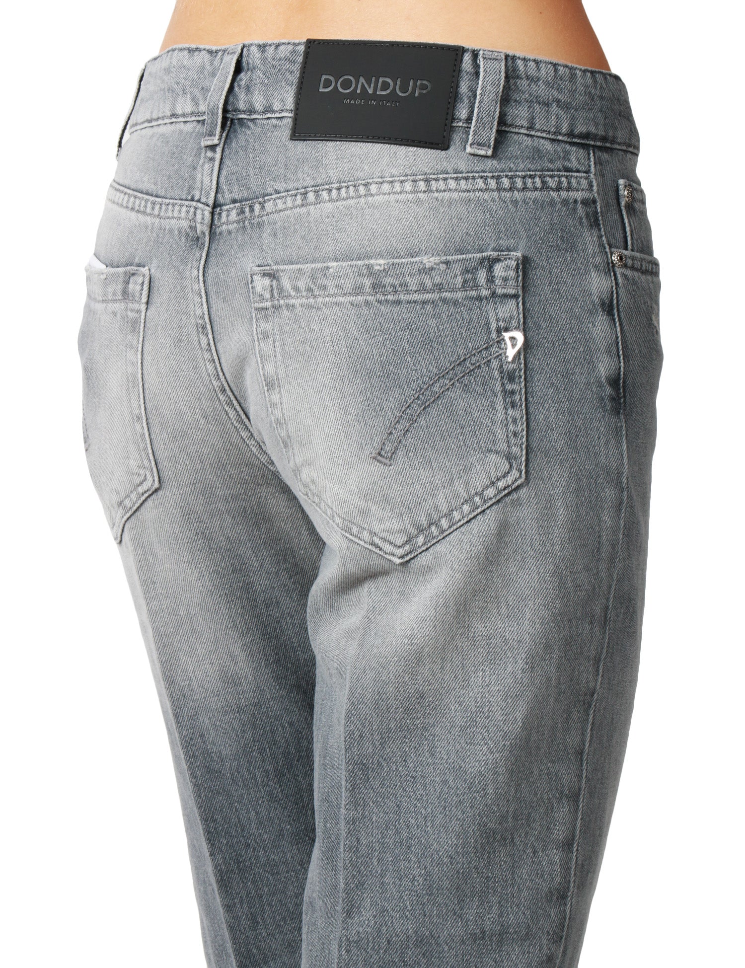 JEANS DONNA DONDUP KOONS INCHES GREY DENIM CON BOTTONIERA GIOIELLO E ROTTURE SULL'ORLO