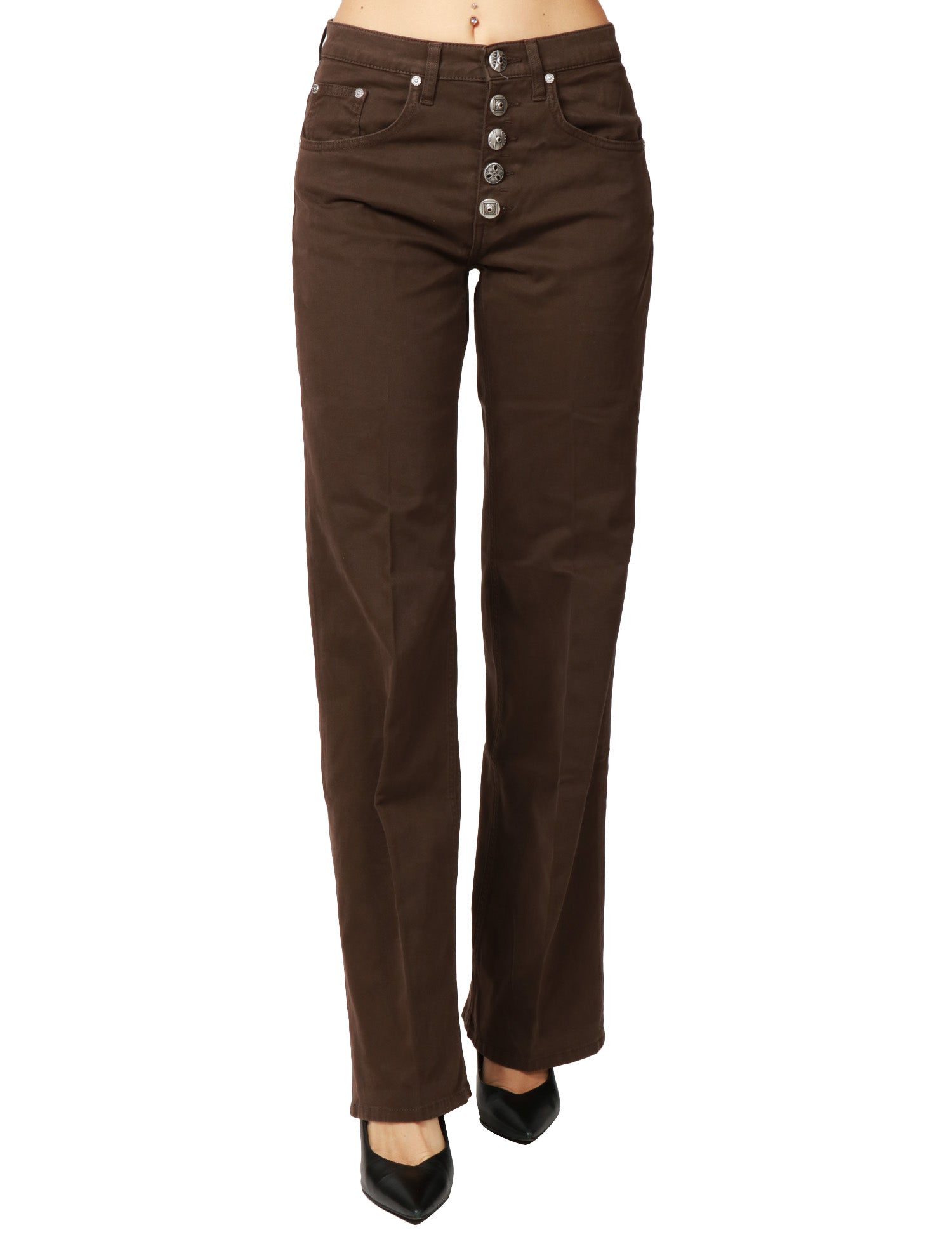 JEANS DONNA DONDUP JACKLYN MARRONE CON BOTTONIERA GIOIELLO E GAMBA A PALAZZO