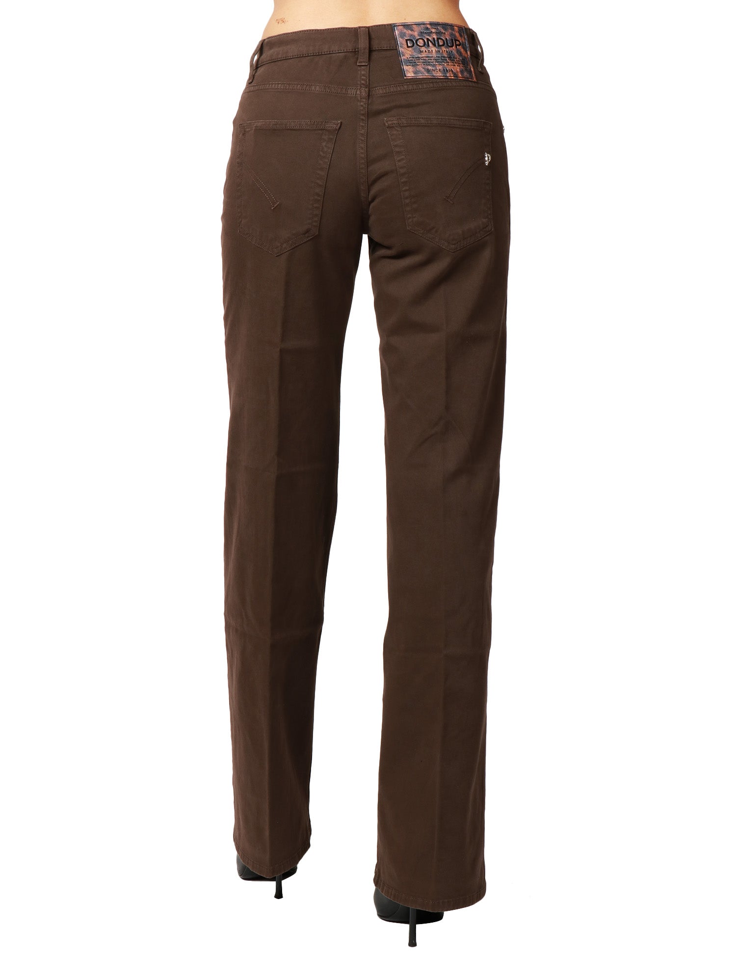 JEANS DONNA DONDUP JACKLYN MARRONE CON BOTTONIERA GIOIELLO E GAMBA A PALAZZO