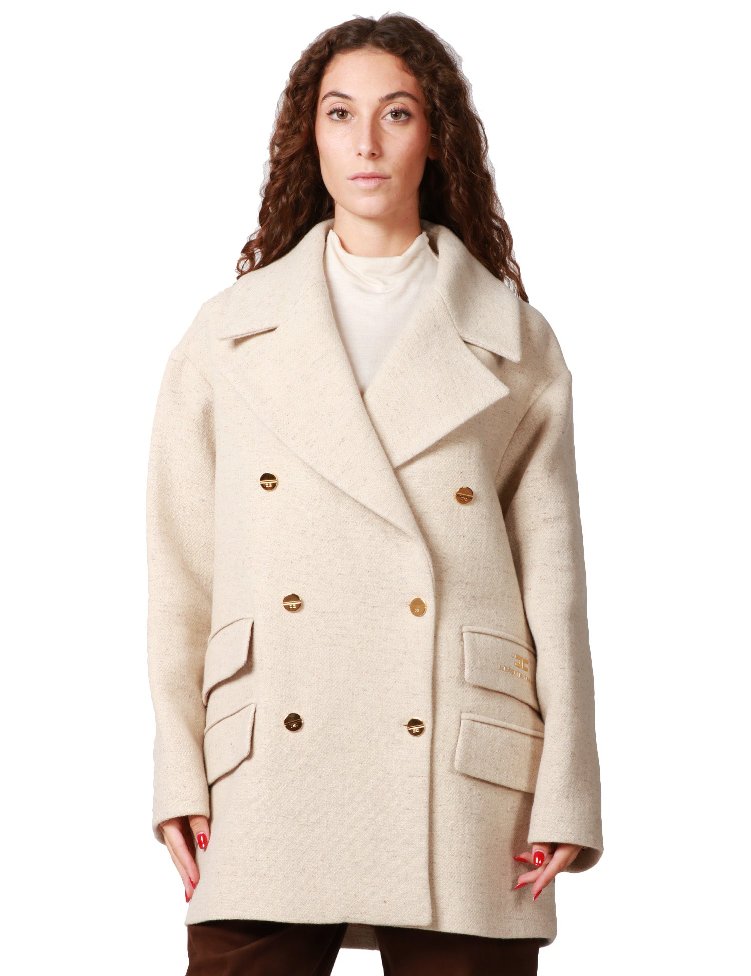CAPPOTTO CABAN ELISABETTA FRANCHI LATTE IN PANNO DI LANA DOPPIOPETTO CON BOTTONI GIOIELLO E STAMPA LOGO SULLA PATTA