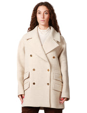 CAPPOTTO CABAN ELISABETTA FRANCHI LATTE IN PANNO DI LANA DOPPIOPETTO CON BOTTONI GIOIELLO E STAMPA LOGO SULLA PATTA