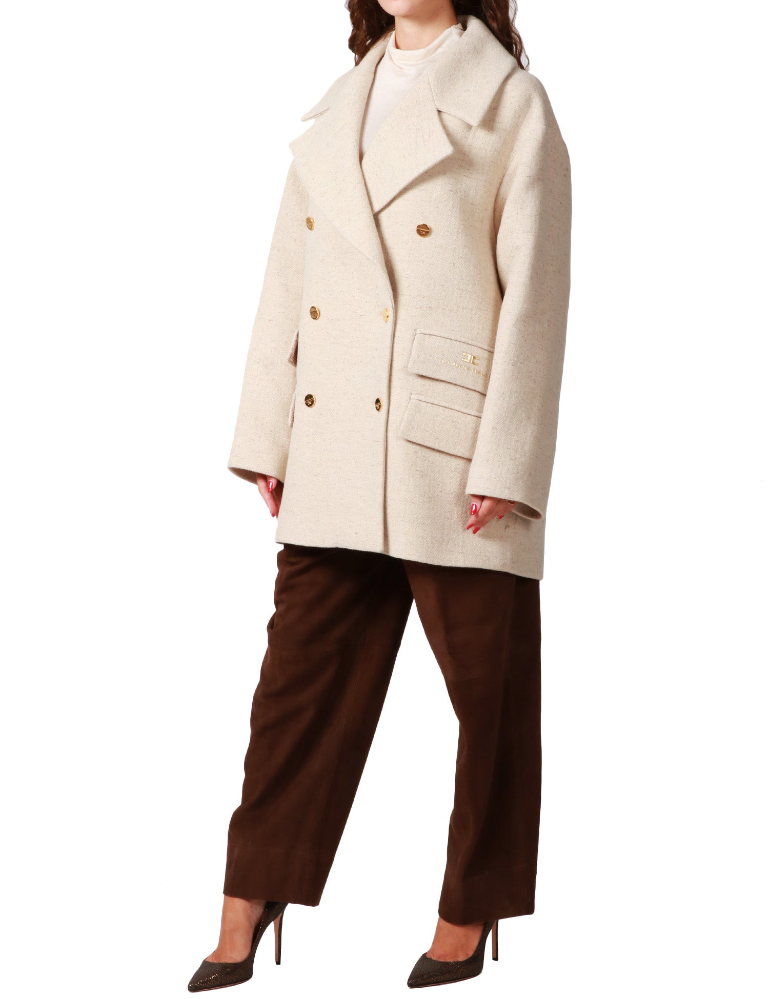 CAPPOTTO CABAN ELISABETTA FRANCHI LATTE IN PANNO DI LANA DOPPIOPETTO CON BOTTONI GIOIELLO E STAMPA LOGO SULLA PATTA