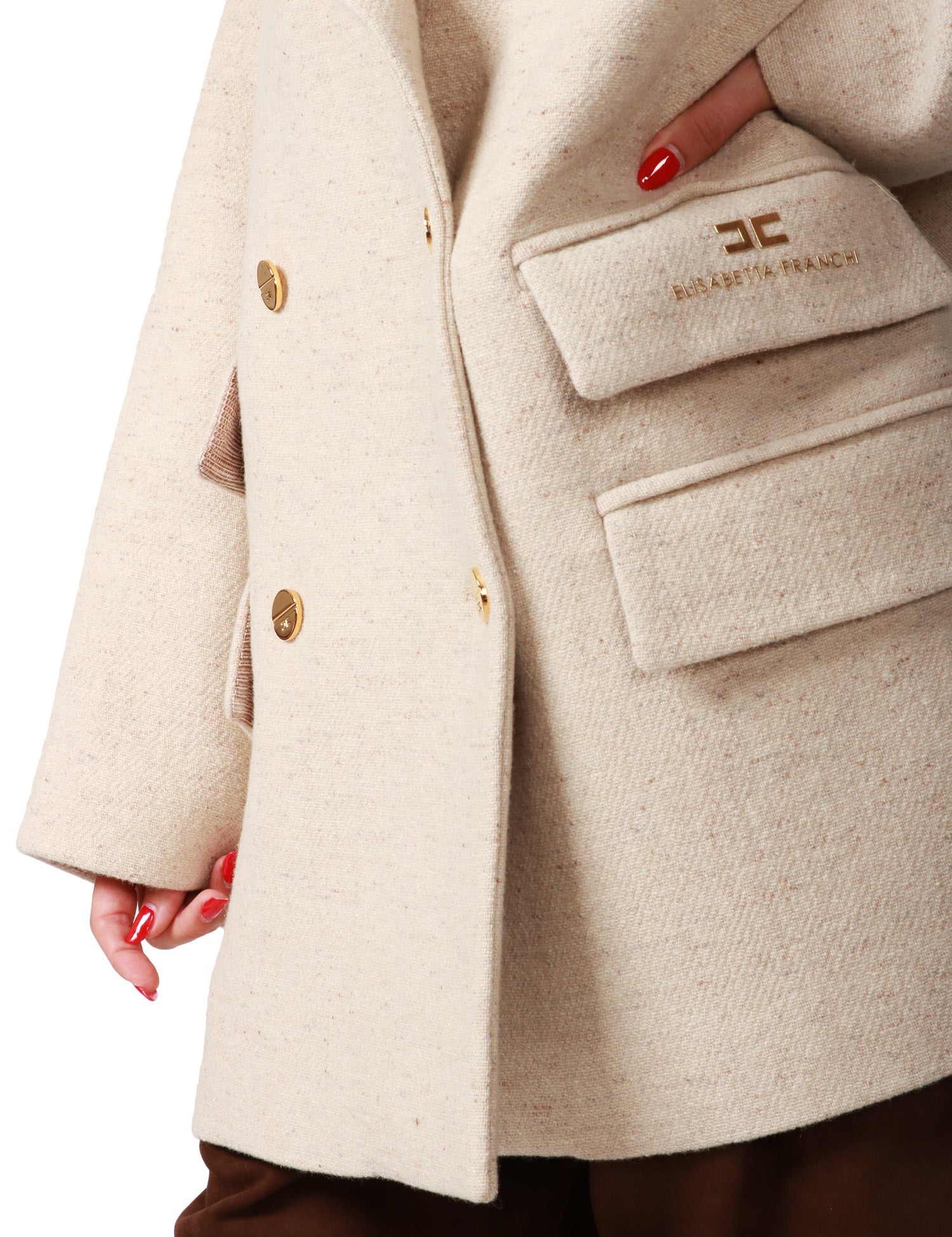 CAPPOTTO CABAN ELISABETTA FRANCHI LATTE IN PANNO DI LANA DOPPIOPETTO CON BOTTONI GIOIELLO E STAMPA LOGO SULLA PATTA