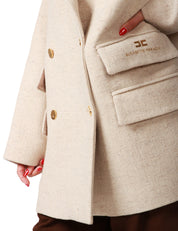 CAPPOTTO CABAN ELISABETTA FRANCHI LATTE IN PANNO DI LANA DOPPIOPETTO CON BOTTONI GIOIELLO E STAMPA LOGO SULLA PATTA