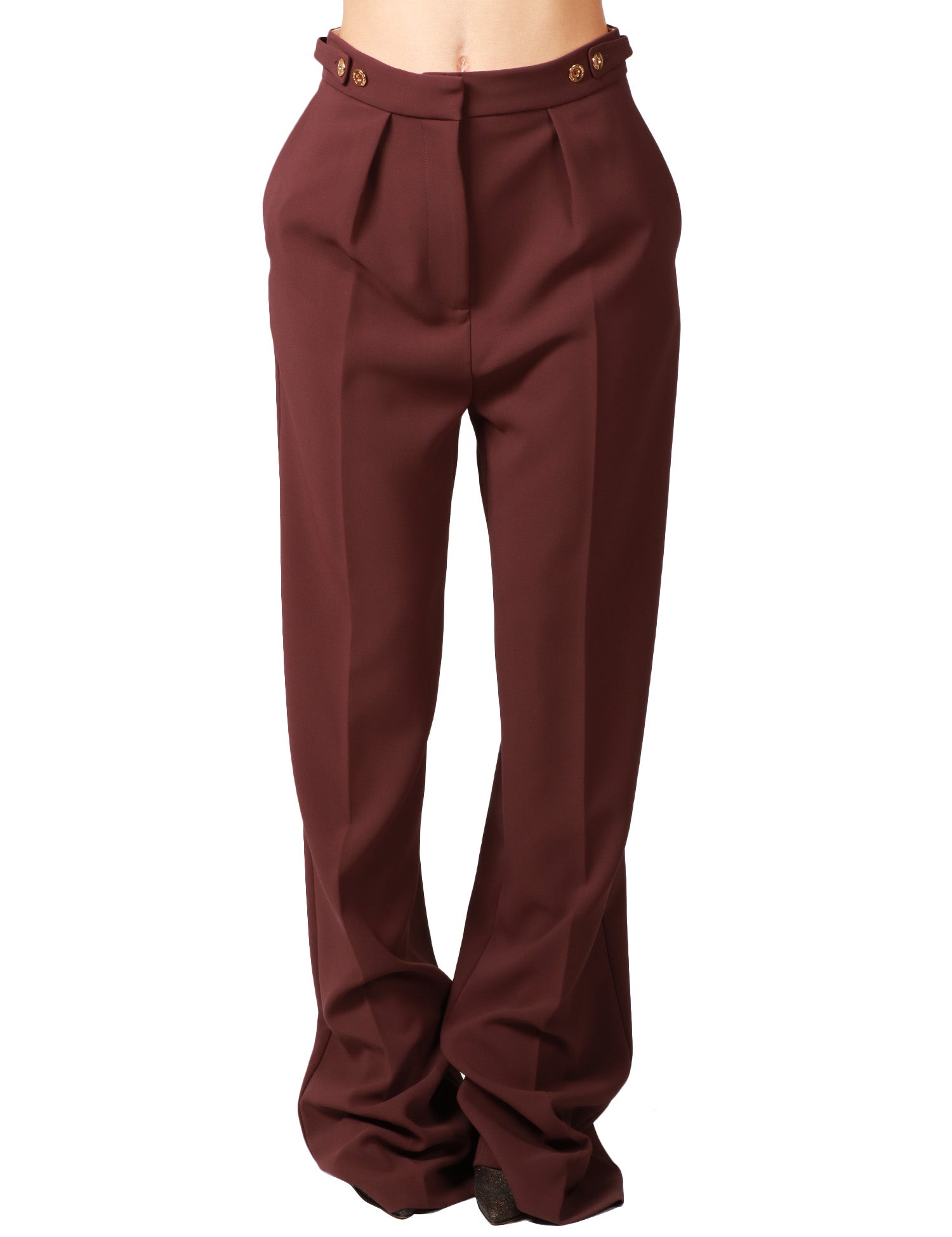 PANTALONE DONNA ELISABETTA FRANCHI MERLOT CON PIEGA DAVANTI E DETTAGLI GIOIELLO IN VITA