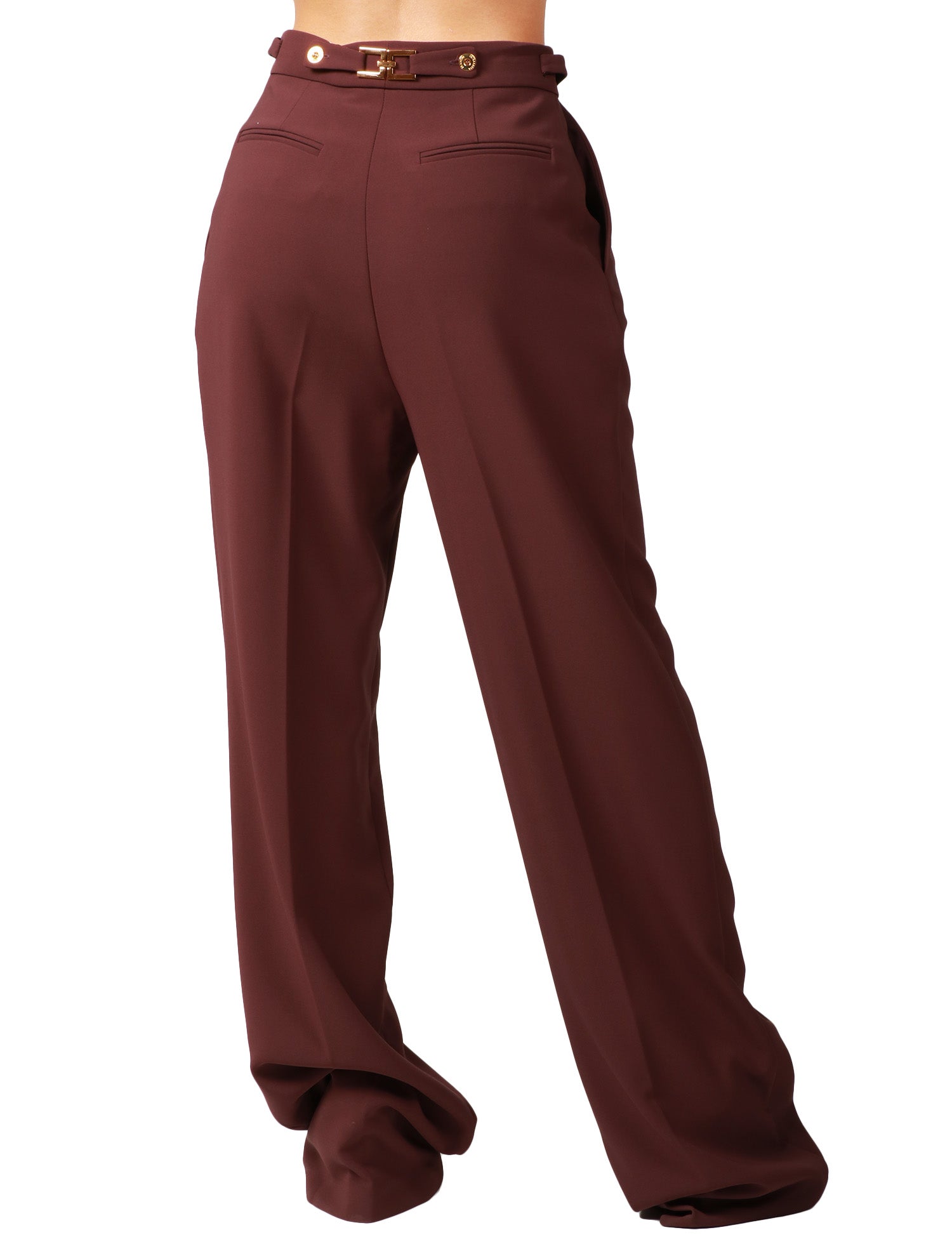 PANTALONE DONNA ELISABETTA FRANCHI MERLOT CON PIEGA DAVANTI E DETTAGLI GIOIELLO IN VITA