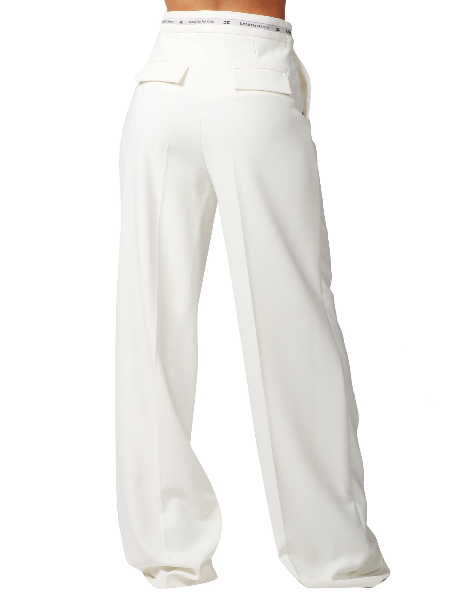 PANTALONE DONNA ELISABETTA FRANCHI AVORIO A PALAZZO CON NASTRO LOGATO SULLA VITA