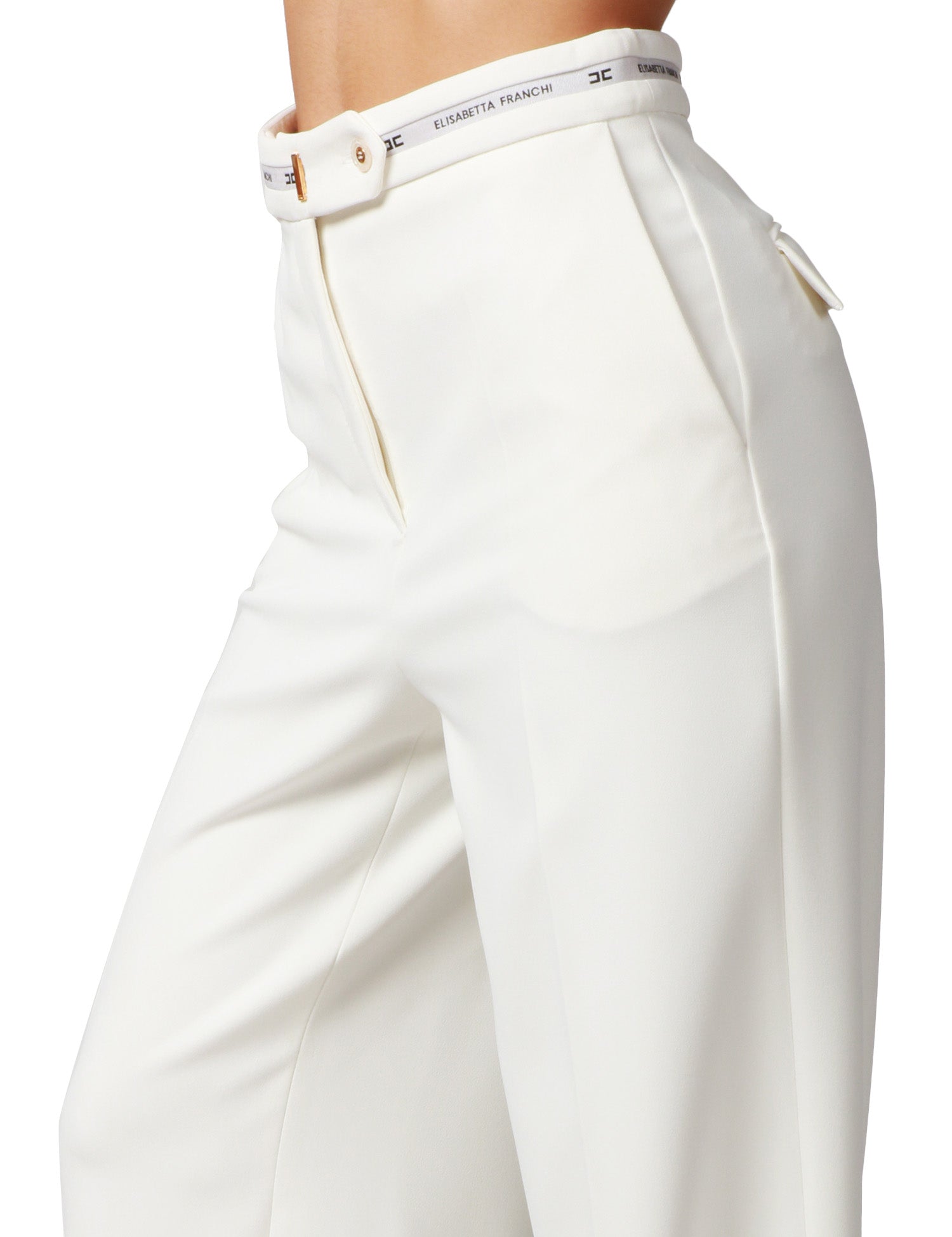 PANTALONE DONNA ELISABETTA FRANCHI AVORIO A PALAZZO CON NASTRO LOGATO SULLA VITA