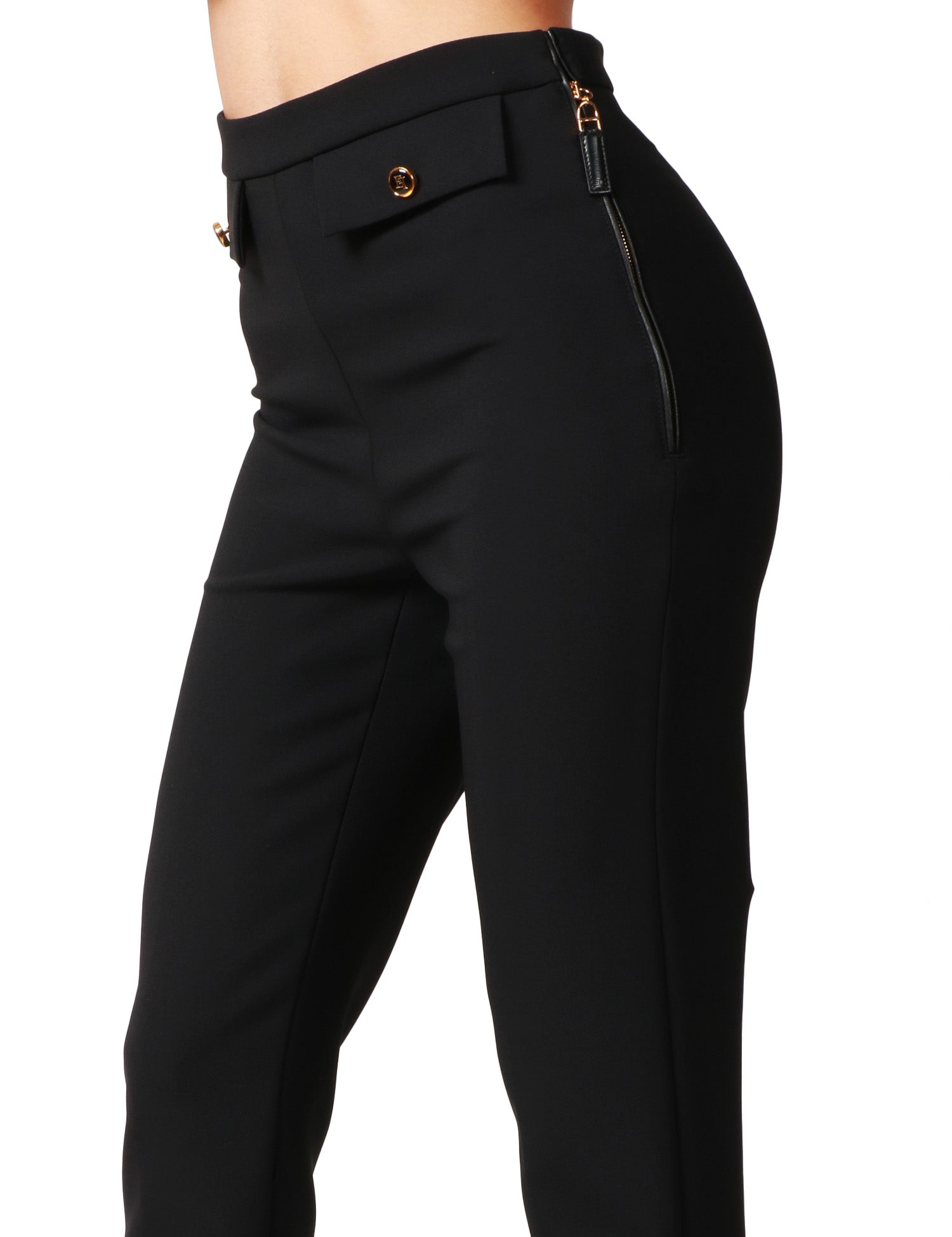 PANTALONE DONNA ELISABETTA FRANCHI NERO CON PATTE IMPREZIOSITE DA BOTTONI LOGATI