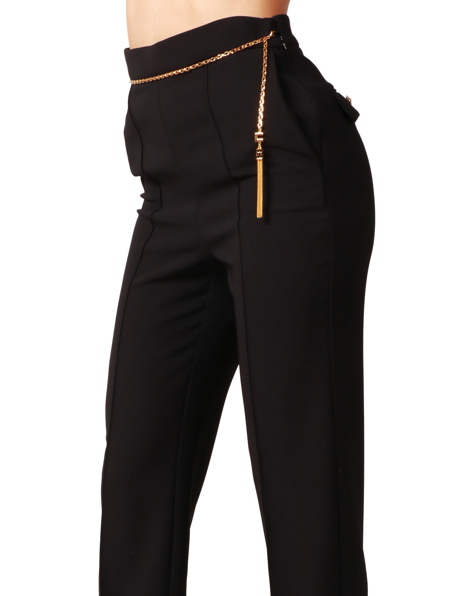 PANTALONE DONNA ELISABETTA FRANCHI NERO CON GAMBA SVASATA E CINTURA GIOIELLO