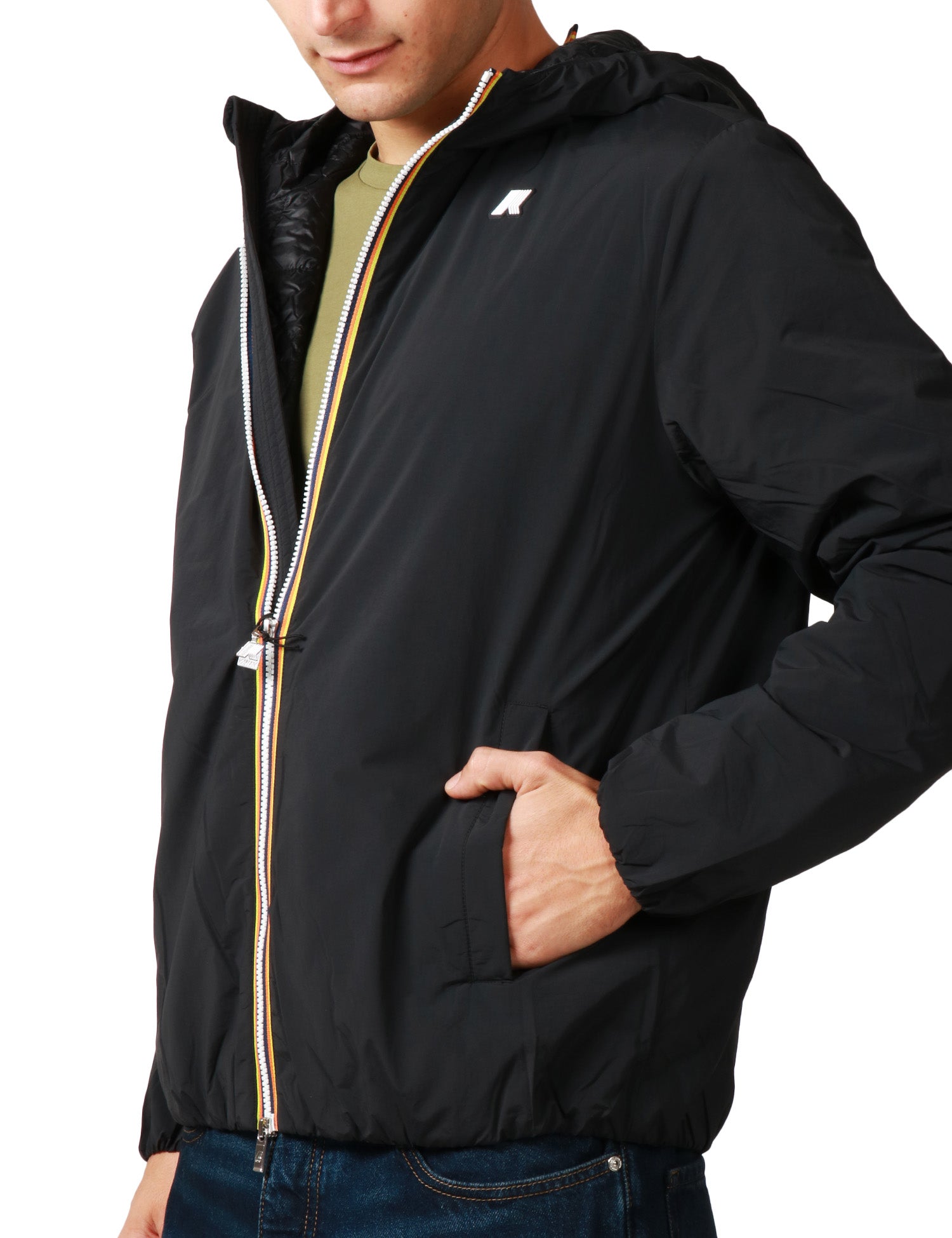 GIUBBOTTO UOMO K-WAY NERO IMPERMEABILE E ANTIVENTO CON IMBOTTITURA PRIMALOFT, ZIP E CAPPUCCIO