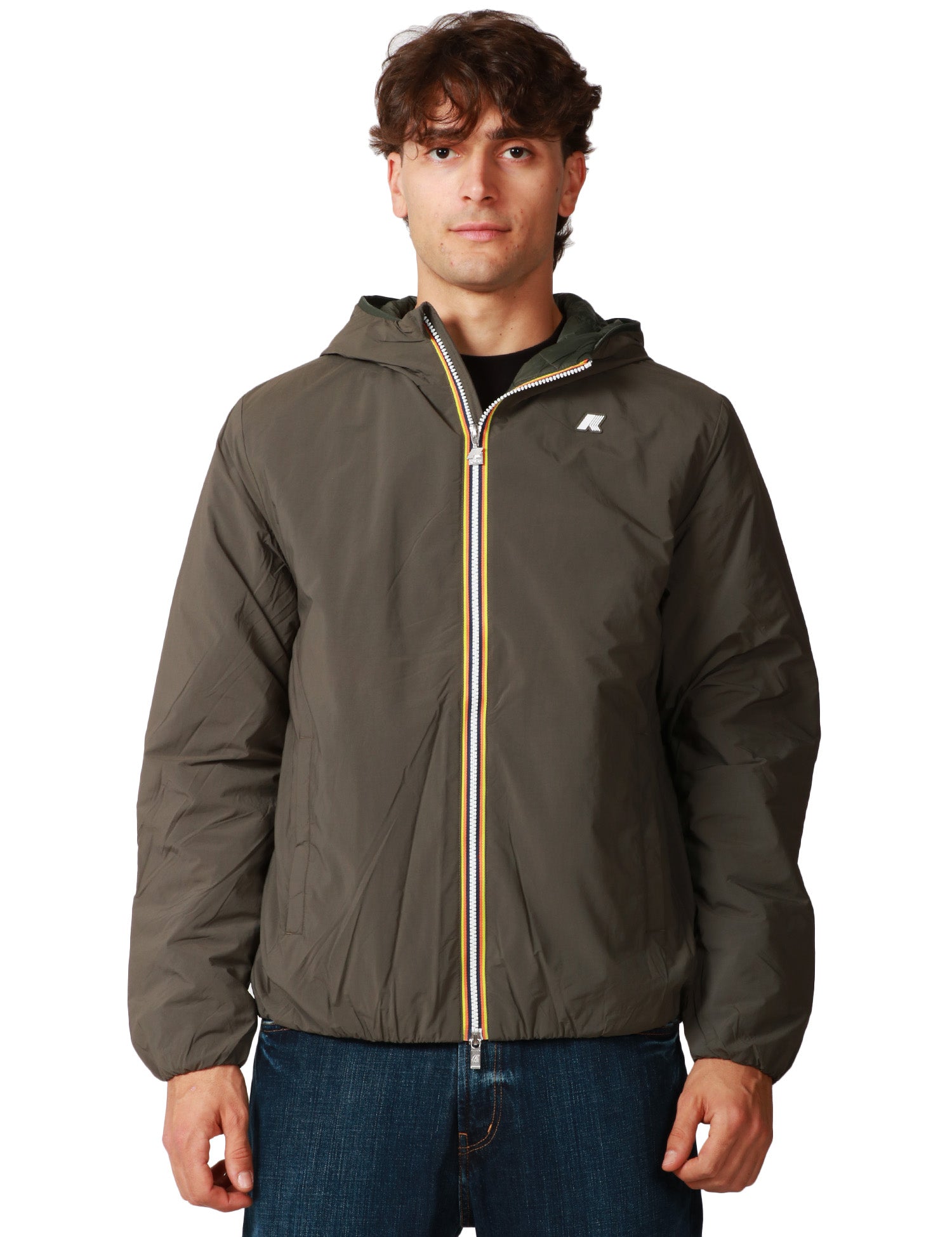 GIUBBINO UOMO K-WAY JACK PLAIN WARM GREEN BLACK IN MISTO NYLON IDROREPELLENTE E ANTIVENTO CON IMBOTTITURA ECOLOGICA