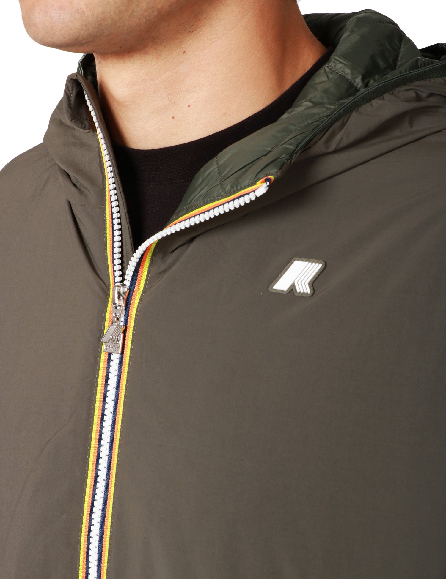 GIUBBINO UOMO K-WAY JACK PLAIN WARM GREEN BLACK IN MISTO NYLON IDROREPELLENTE E ANTIVENTO CON IMBOTTITURA ECOLOGICA