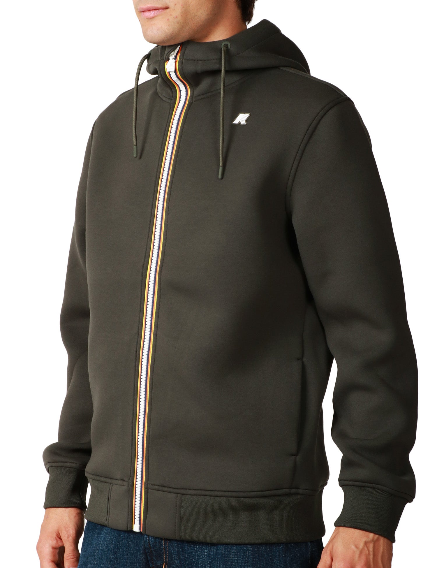 GIUBBINO UOMO K-WAY RAINER GREEN BLACK IN SCUBA LEGGERO CON CAPPUCCIO