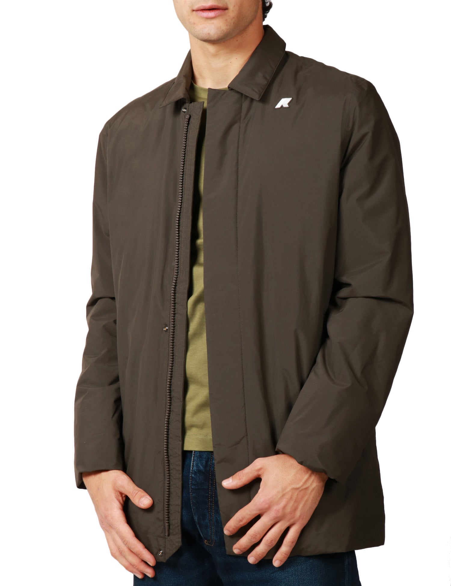 GIUBBOTTO UOMO K-WAYBENNY WARM BLACK OLIVE CON COLLETTO, IN NYLON IMPERMEABILE E ANTIVENTO CON IMBOTTITURA MISTA