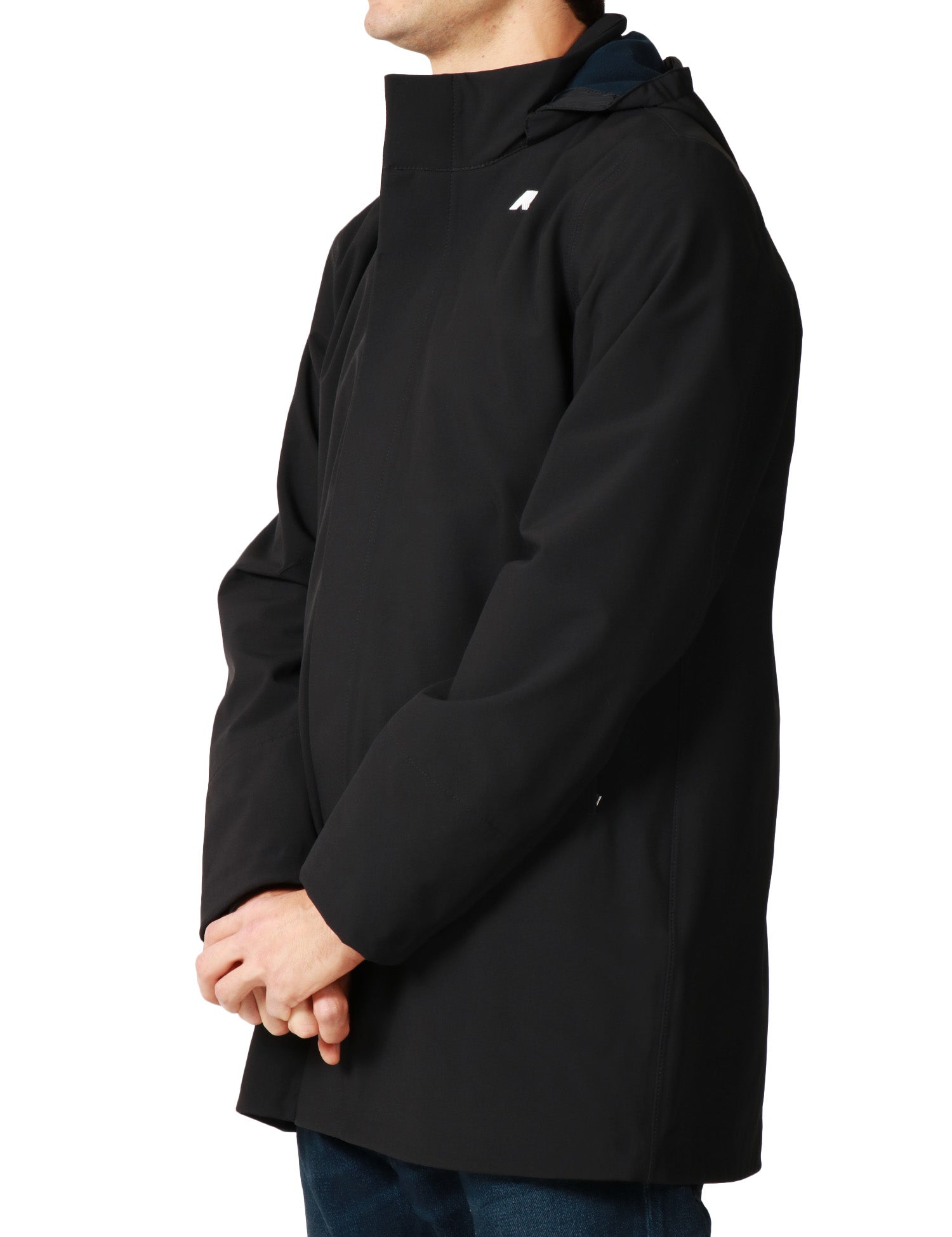 GIUBBOTTO PARKA UOMO K-WAY DUKE BONDED BLACK BLUE IN TESSUTO TECNICO A TRE STRATI CON CAPPUCCIO STACCABILE