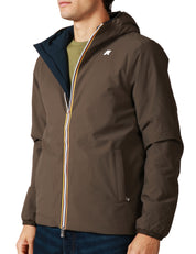 GIUBBOTTO UOMO K-WAY JACK BROWN/BLUE REVERSIBILE, IMPERMEABILE E ANTIVENTO CON ZIP E CAPPUCCIO