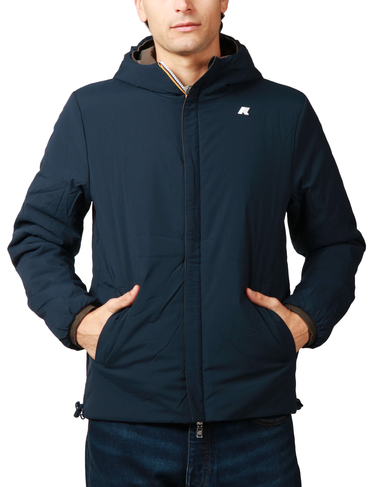 GIUBBOTTO UOMO K-WAY JACK BROWN/BLUE REVERSIBILE, IMPERMEABILE E ANTIVENTO CON ZIP E CAPPUCCIO