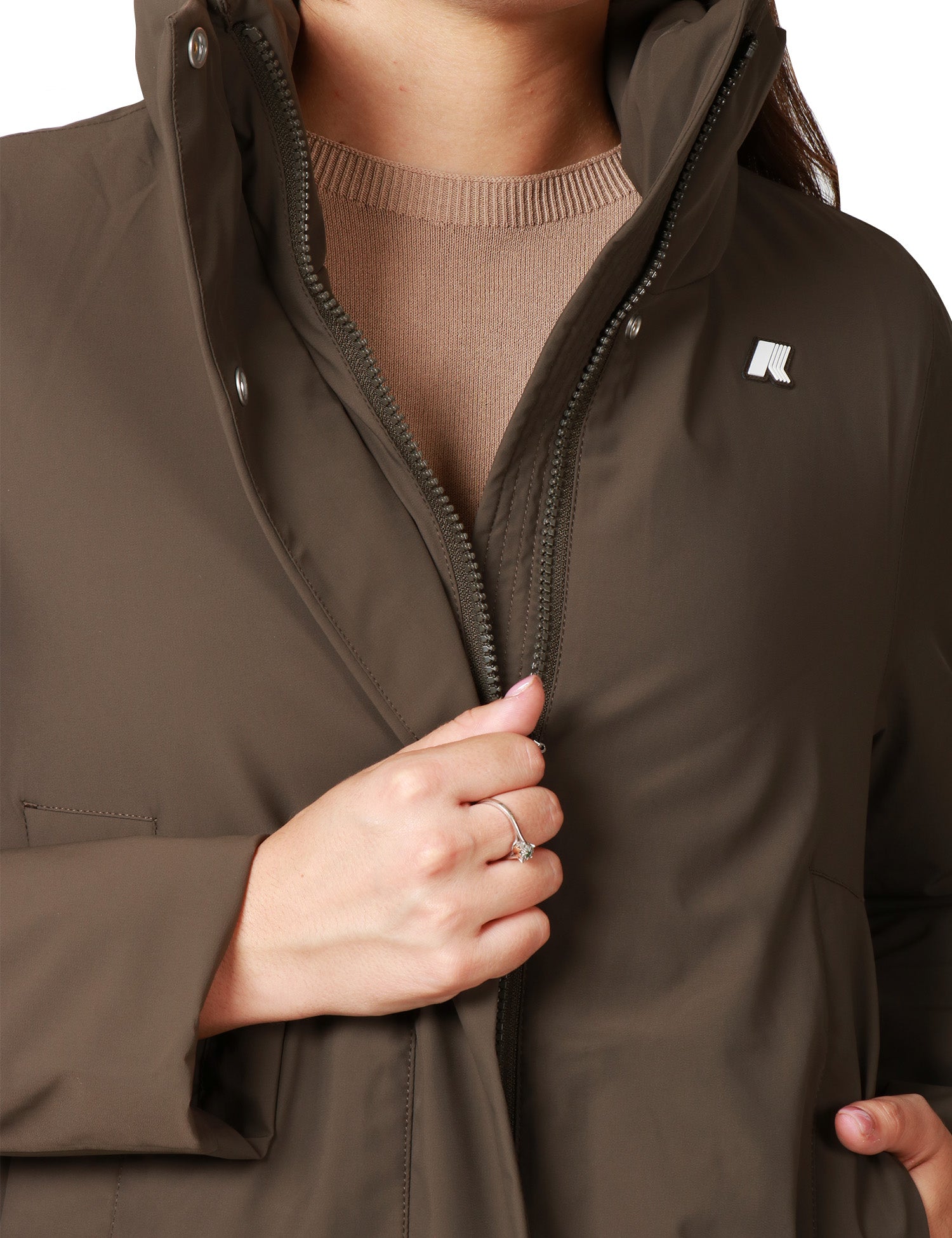 GIUBBOTTO DONNA K-WAY MARLA BLACK OLIVE IMPERMEABILE E ANTIVENTO CON COLLO ALTO E CAPPUCCIO INTEGRATO