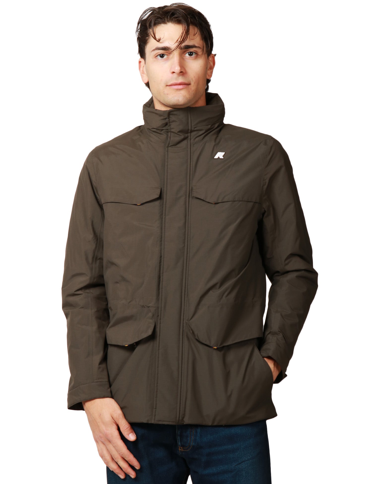 GIUBBOTTO UOMO K-WAY MANUEL BLACK OLIVE IMPERMEABILE CON QUATTRO TASCHE FRONTALI E COLLO ALTO CON CAPPUCCIO INTEGRATO