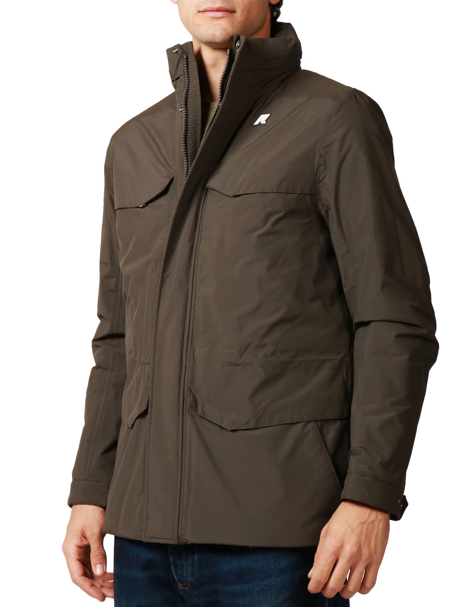 GIUBBOTTO UOMO K-WAY MANUEL BLACK OLIVE IMPERMEABILE CON QUATTRO TASCHE FRONTALI E COLLO ALTO CON CAPPUCCIO INTEGRATO