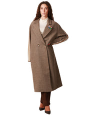 CAPPOTTO DONNA KONTATTO PATCH BEIGE BICOLOR CON BANDE LATERALI E SPILLA GIOIELLO