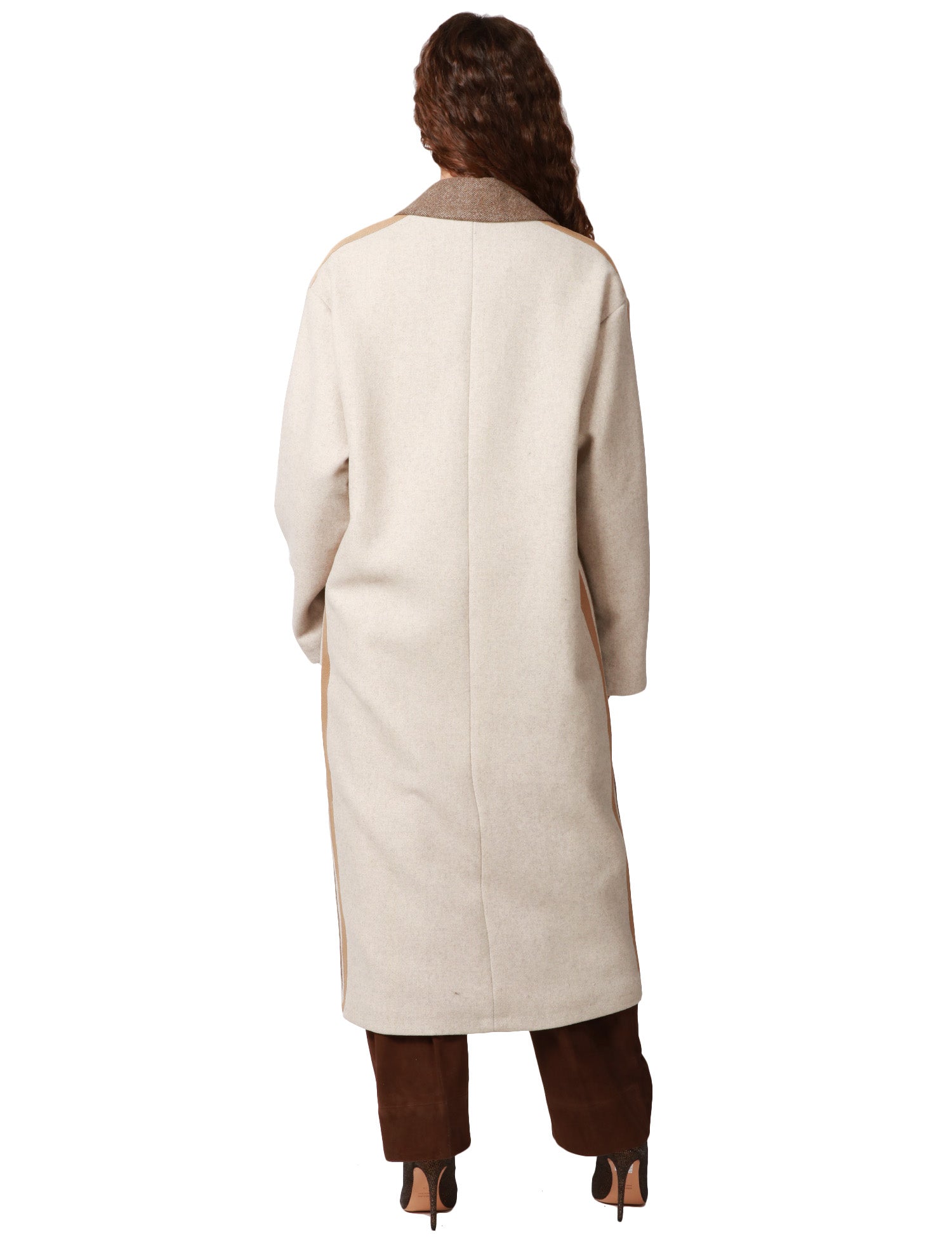 CAPPOTTO DONNA KONTATTO PATCH BEIGE BICOLOR CON BANDE LATERALI E SPILLA GIOIELLO
