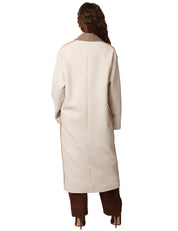 CAPPOTTO DONNA KONTATTO PATCH BEIGE BICOLOR CON BANDE LATERALI E SPILLA GIOIELLO