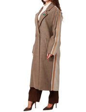 CAPPOTTO DONNA KONTATTO PATCH BEIGE BICOLOR CON BANDE LATERALI E SPILLA GIOIELLO
