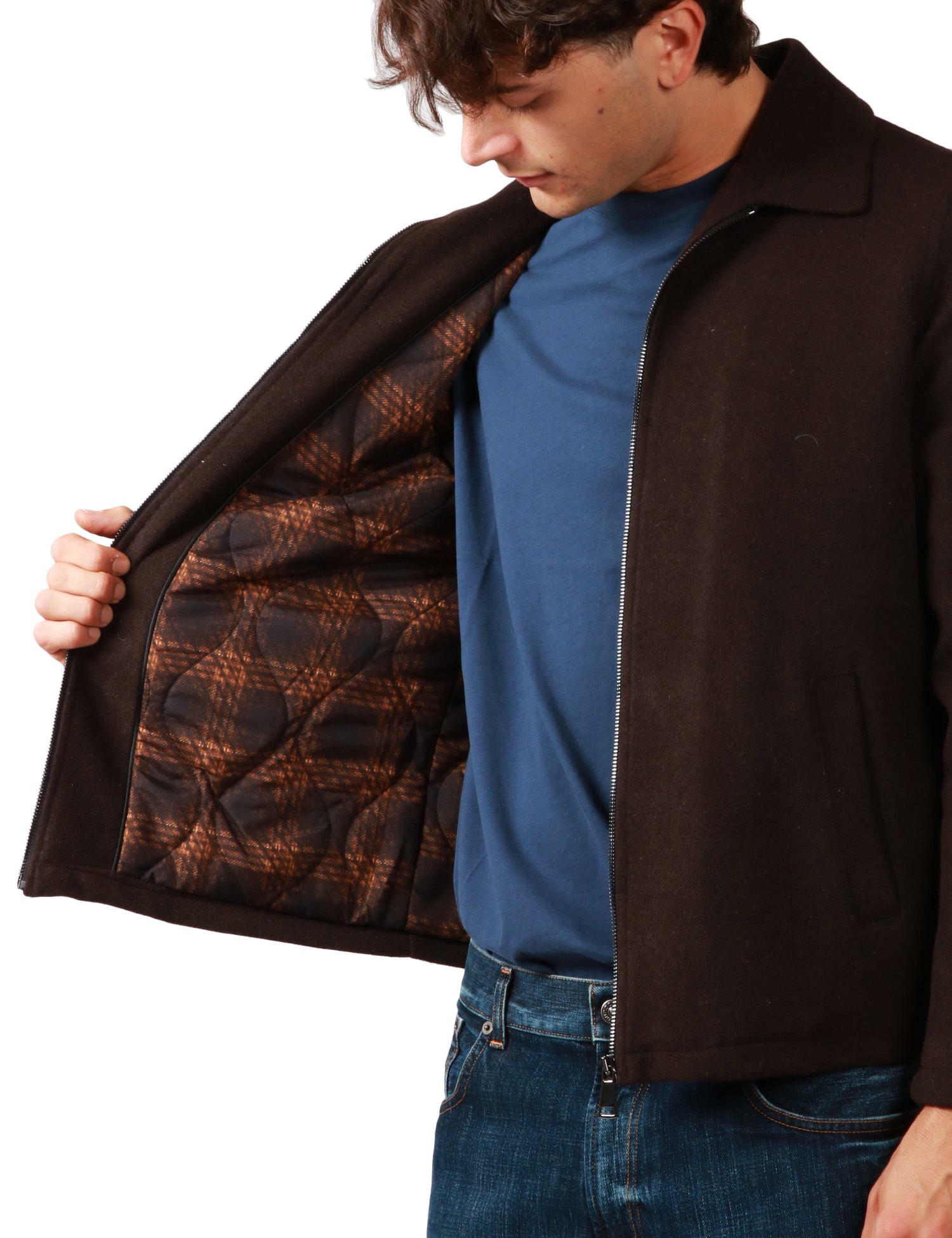 GIUBBOTTO UOMO RENAVINE MANIFATTURE PINE WOOL MORO IN LANA CON COLLETTO E ZIP