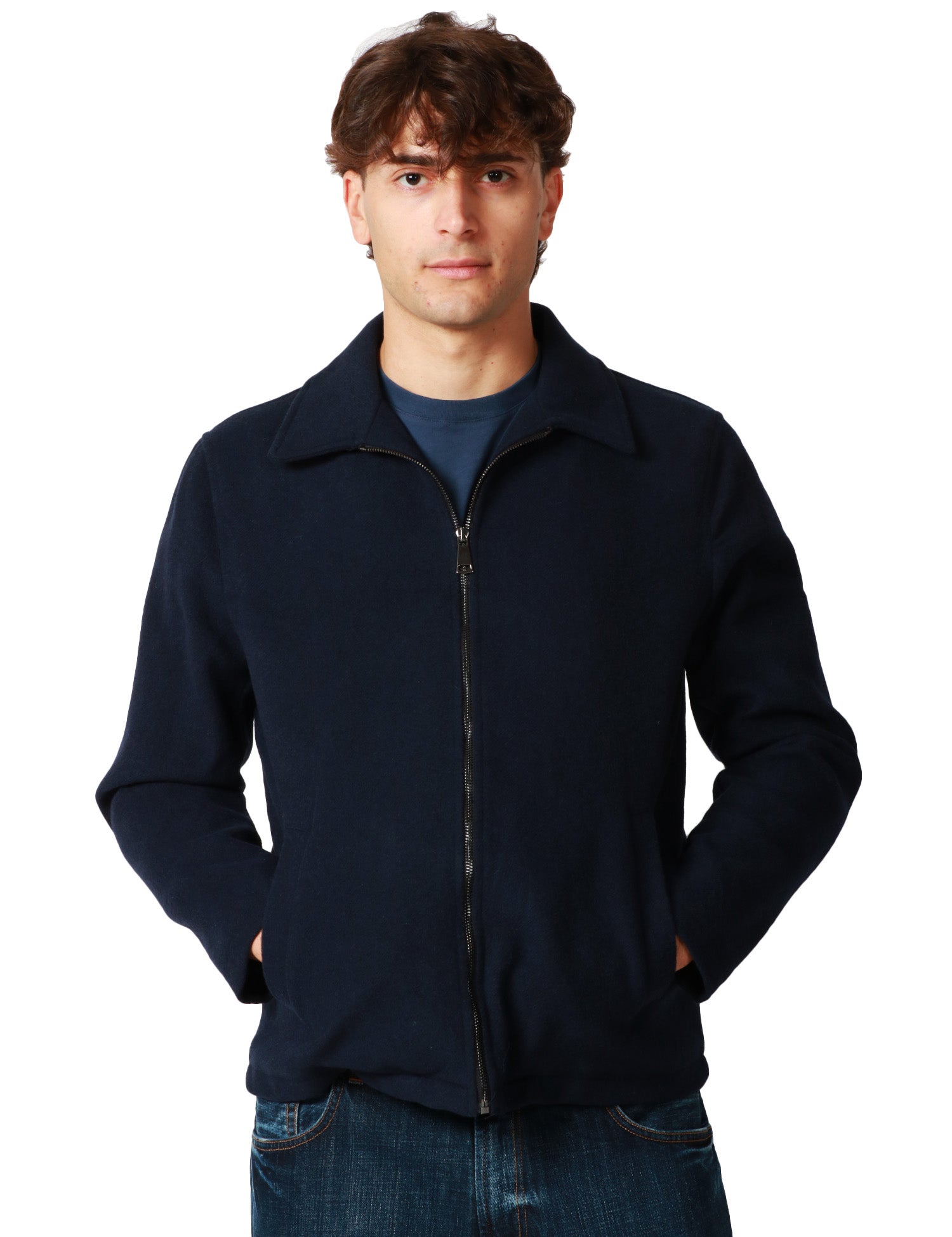 GIUBBOTTO UOMO MANIFATTURE RENAVINE PINE WOOL BLU NAVY CON COLLETTO E ZIP