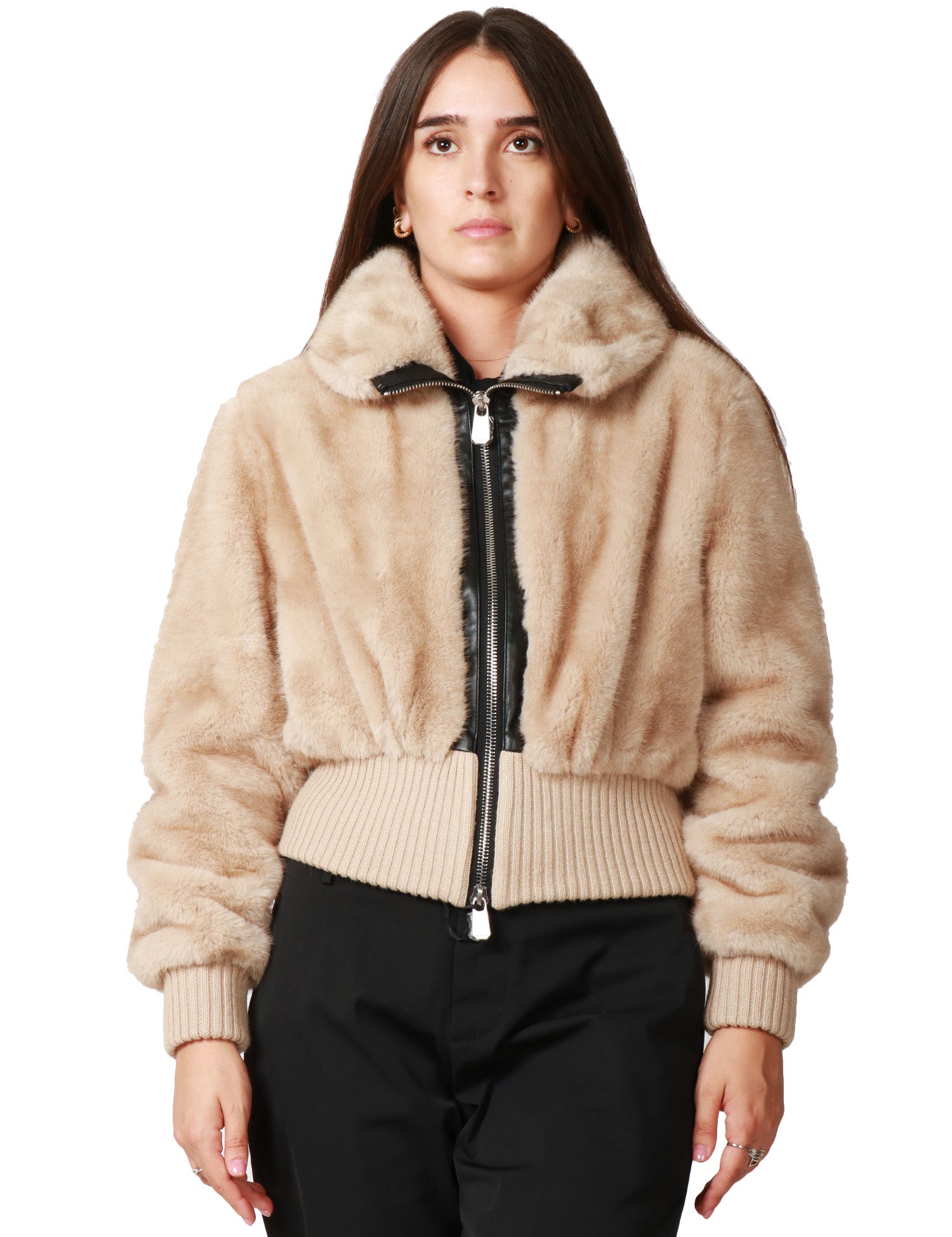 BOMBER DONNA PINKO BAGELS BEIGE IN ECOPELLICCIA CON ZIP E DETTAGLI IN NAPPA
