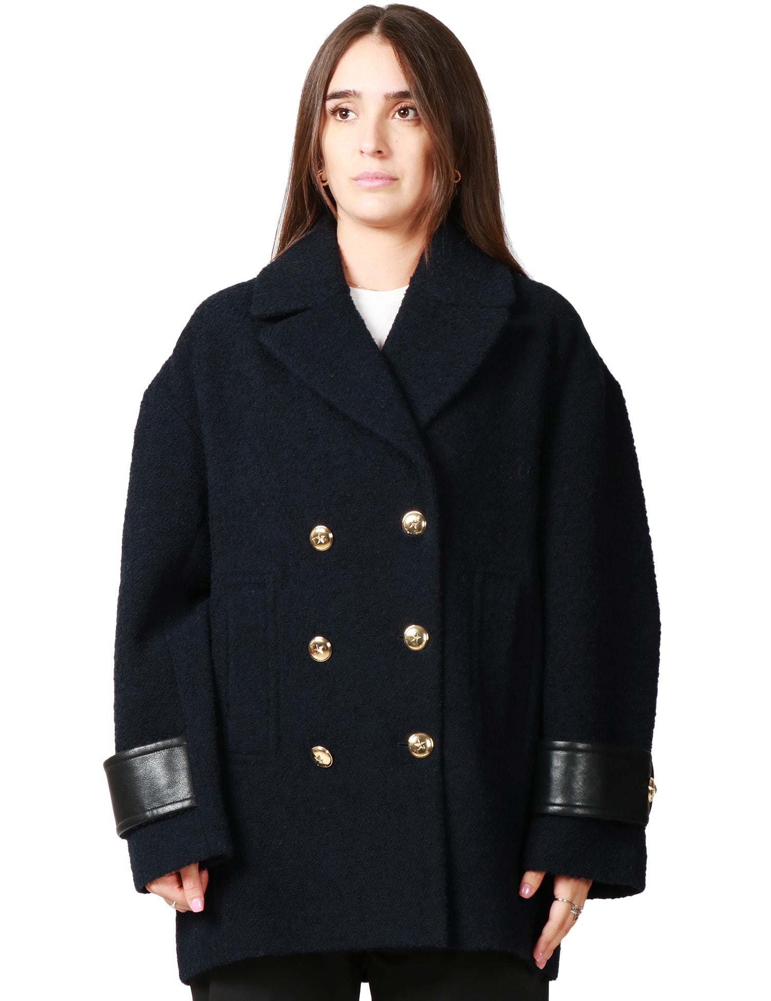 CAPPOTTO CABAN DONNA PINKO CANEDERLI BLU DOPPIOPETTO IN TESSUTO DIAGONALE BOUCLè MISTO LANA CON ALAMARI AI POLSI