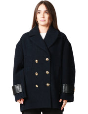 CAPPOTTO CABAN DONNA PINKO CANEDERLI BLU DOPPIOPETTO IN TESSUTO DIAGONALE BOUCLè MISTO LANA CON ALAMARI AI POLSI