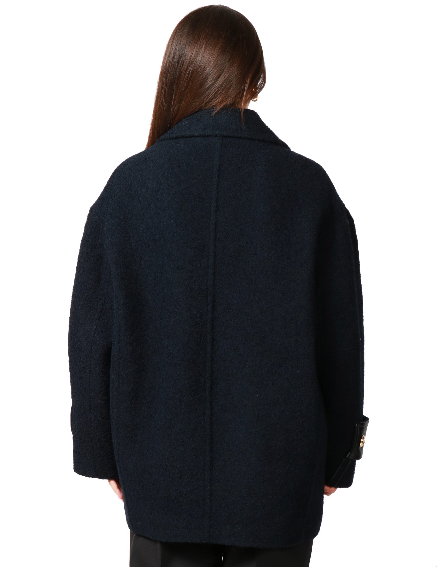 CAPPOTTO CABAN DONNA PINKO CANEDERLI BLU DOPPIOPETTO IN TESSUTO DIAGONALE BOUCLè MISTO LANA CON ALAMARI AI POLSI