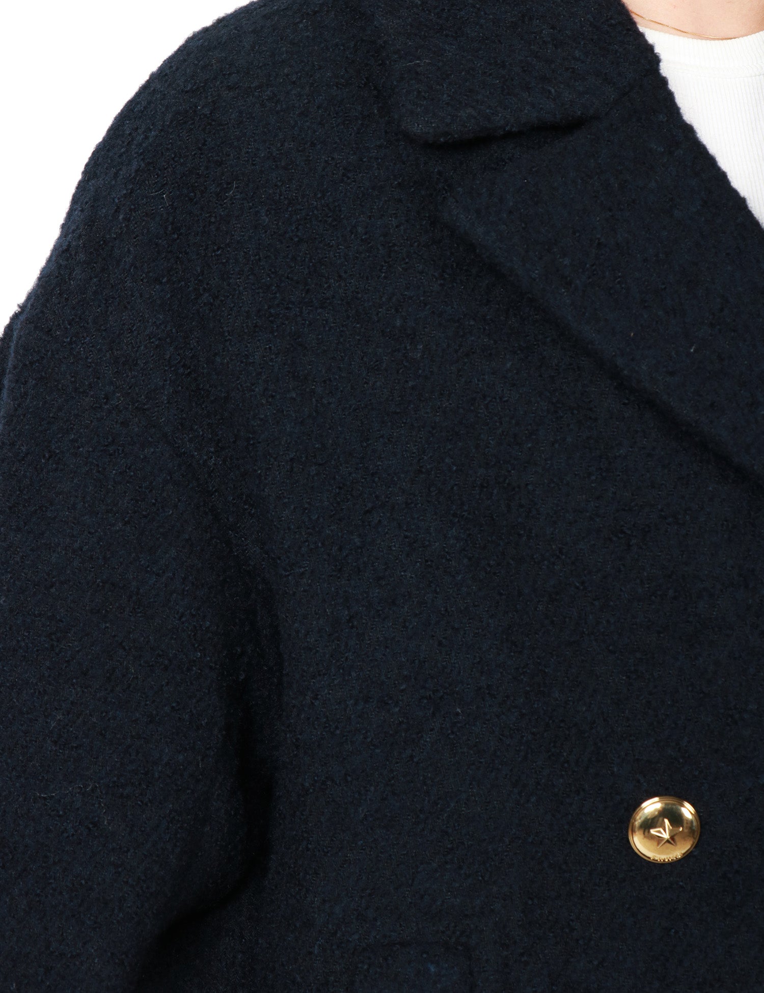 CAPPOTTO CABAN DONNA PINKO CANEDERLI BLU DOPPIOPETTO IN TESSUTO DIAGONALE BOUCLè MISTO LANA CON ALAMARI AI POLSI