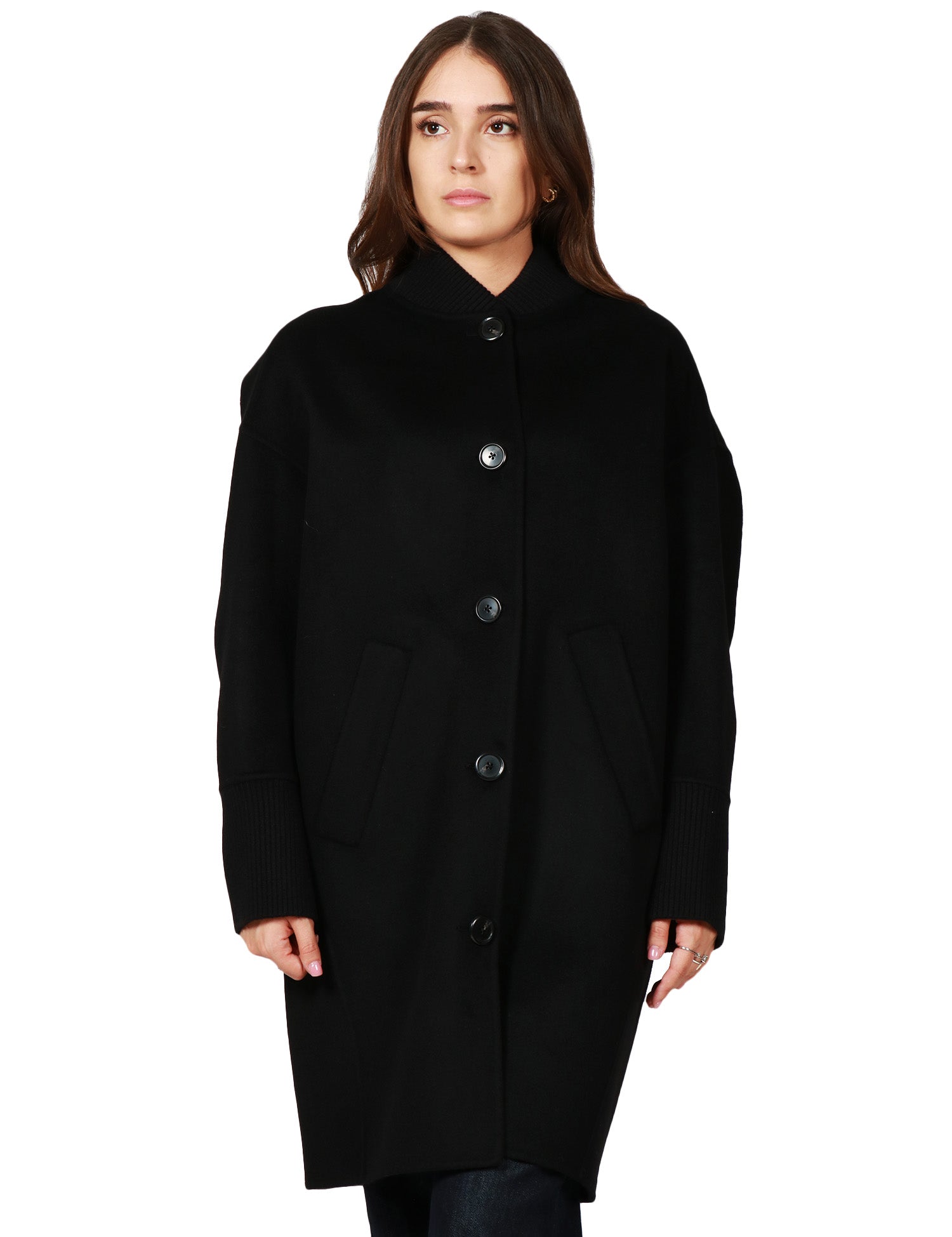 CAPPOTTO DONNA PINKO CERTOSA NERO IN PANNO DOUBLE MISTO LANA CON COLLO A COSTINE E BOTTONI IN TONO