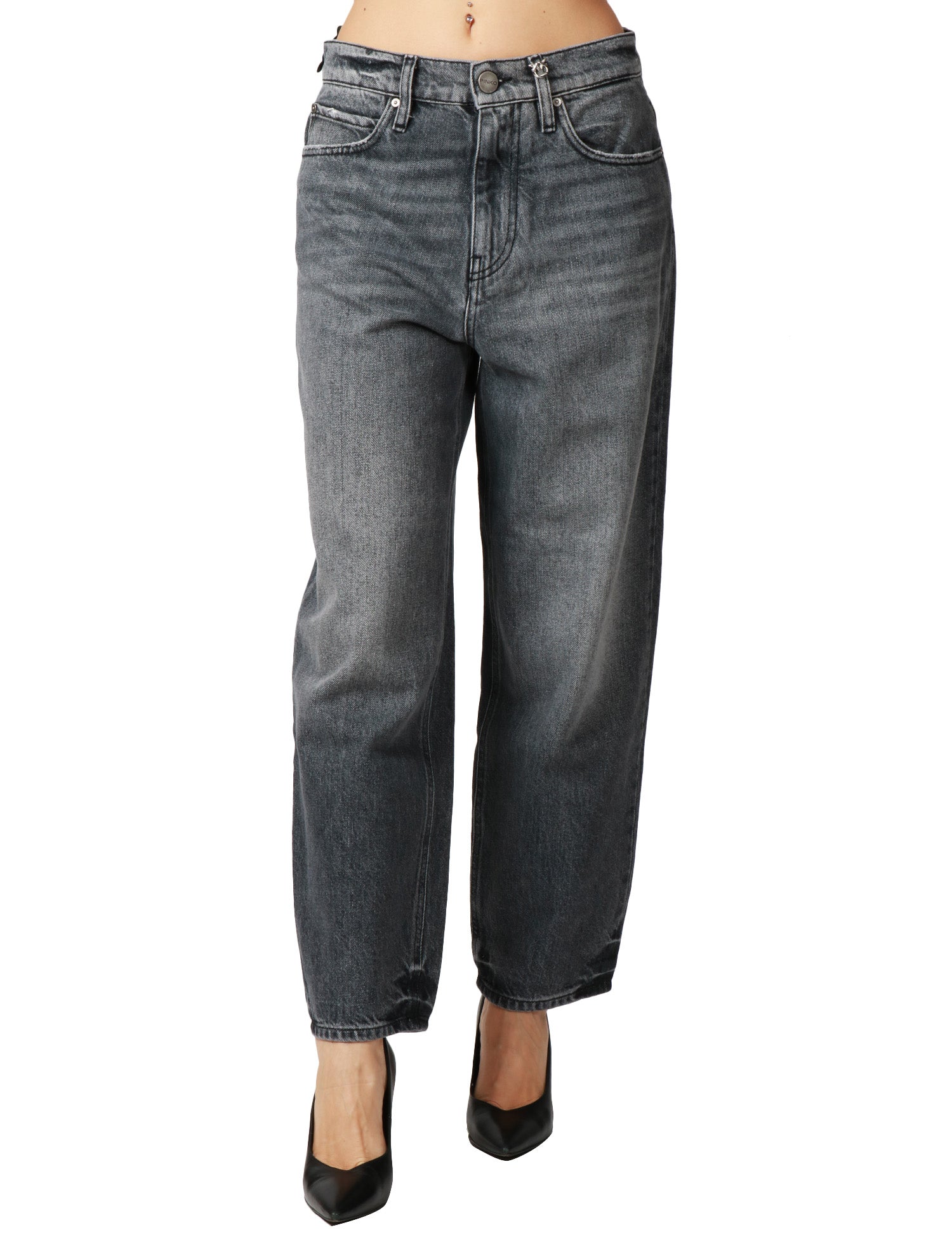 JEANS DONNA PINKO ESTELLE DARK GREY BALLON FIT CON RICAMO LOVE BIRDS SULLA TASCA POSTERIORE