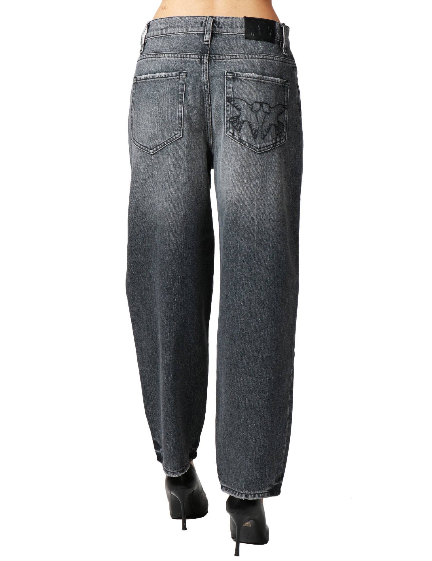 JEANS DONNA PINKO ESTELLE DARK GREY BALLON FIT CON RICAMO LOVE BIRDS SULLA TASCA POSTERIORE
